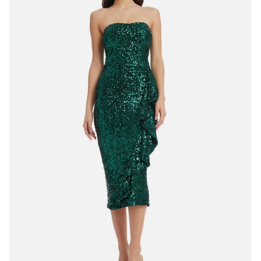 Dress The Population Alexis Sequin Strapless Midi Dress XS Emerald Green Party